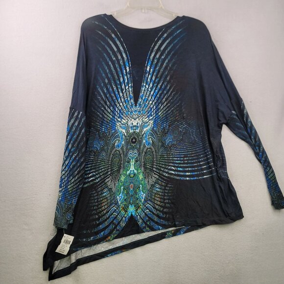 Robert Kitchen Canada Long Sleeve Asymmetric Peacock Print Top XL New - Picture 9 of 12